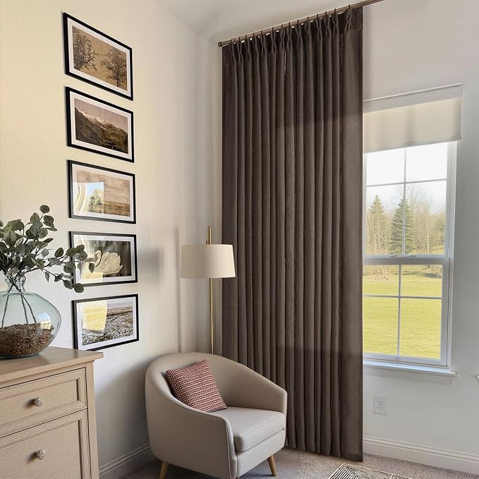 Dark Chocolate 108 Inch Pinch Pleated Semi Sheer Linen Curtains 2 Panels | for Living Room Bedroom, Memory Training Shaped, Light Filtering, Pinch Pleat Drapes with Hooks Rings, Window Curtains 40x108