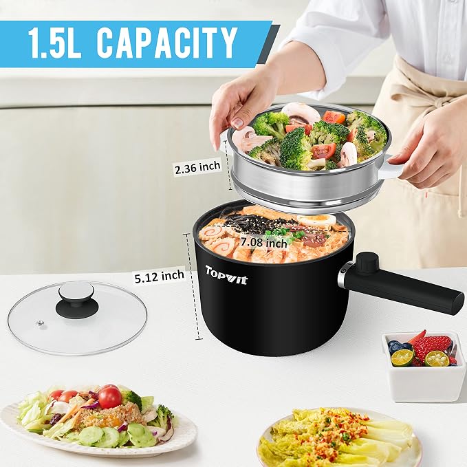 Topwit 1.5L Hot Pot Electric, Portable Ramen Cooker, Non-Stick Frying Pan | BPA-free, Glass Lid, Overheat & Boil-dry Protection, Electric Pot for Pasta, Steak, College Dorm Office Travel Essentials
