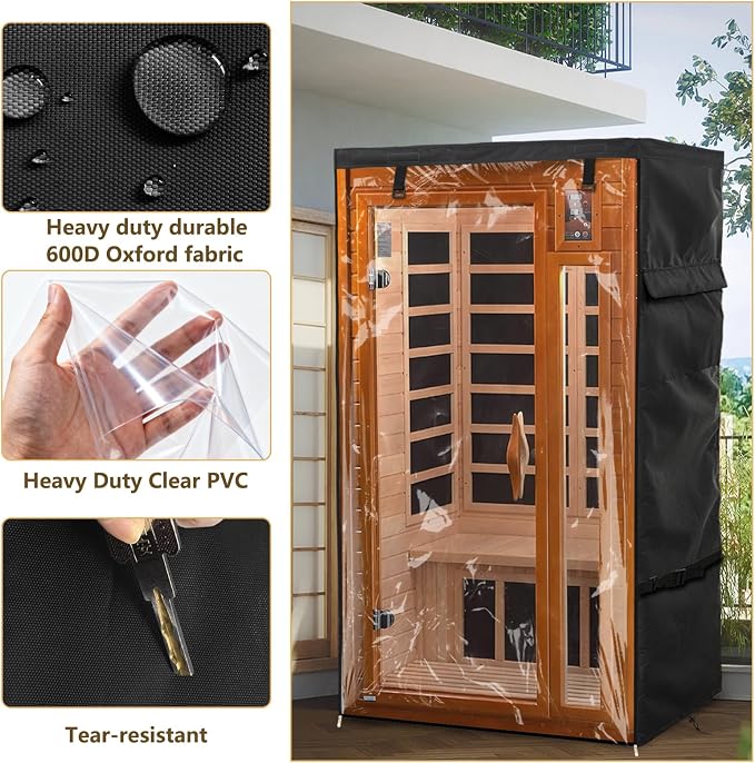 Outdoor Wood Sauna Cover,Sauna Covers with Separate Top Cover for Wood Home Spa Saunas,40" Lx37 Dx73 H with PVC Clear Door Design,Black