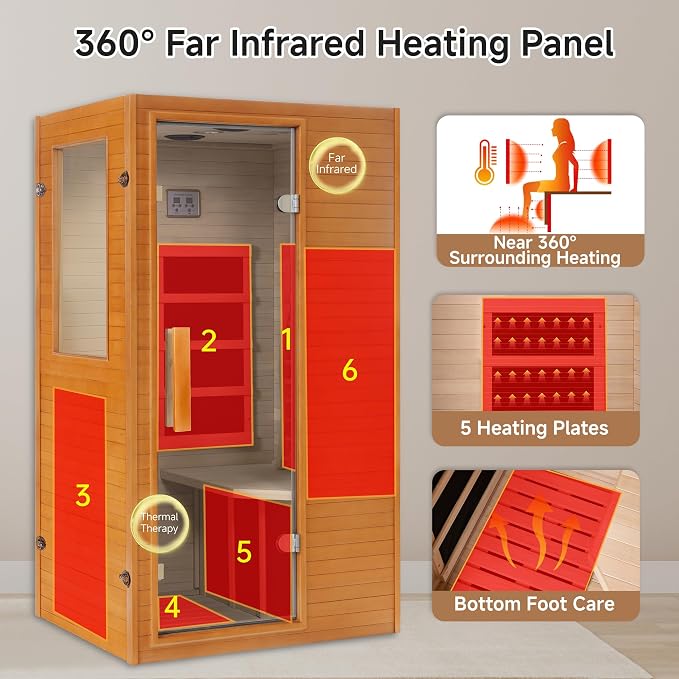 Real Relax Infrared Home Sauna, 1 Person Far Infrared Saunas for Home, Canadian Hemlock Wooden Indoor Sauna Room with LCD Control Panel, Bluetooth Speakers