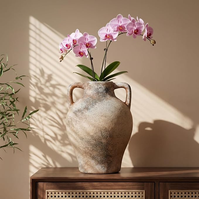 Ceramic Flower Vase, 8.7" Rustic Farmhouse Table Vase, Decorative Pottery Vase with Glazed Interior for Fresh Flowers, Eucalyptus, Entryway, Kitchen, Shelf and Bedroom Decor