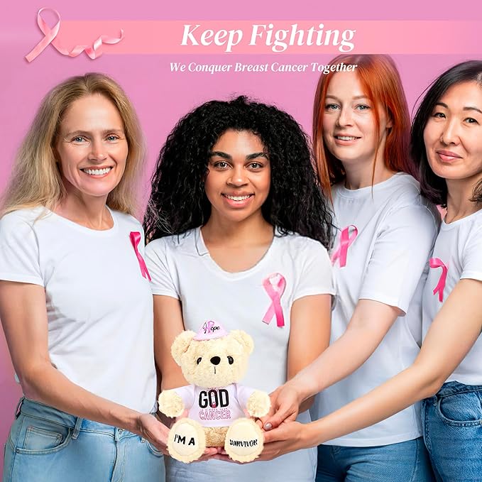 Breast Cancer Survivor Teddy Bear Stuffed Animal – Breast Cancer Gifts for Women, 8" Breast Cancer Awareness Stuffed Bear Plush Toy with Pink Ribbon Hat, Breast Cancer Comfort Gifts | I'm a Survivor