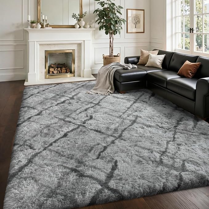 Area Rugs for Living Room 8x10Ft, Soft Fluffy Shagg Plush Bedroom Rug Non-Slip,Large Carpet for Nursery Kids Dorm Home Decor, Grey