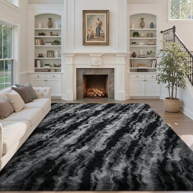 5x7 Ft Large Shag Rug for Living Room Bedroom,Tie-Dyed Ultra Soft Fluffy Furry Area Rug, Aesthetic Carpet for Indoor Floor Home Decor (Black)