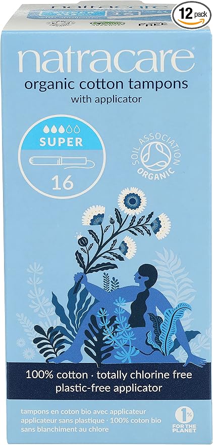 Natracare Organic Cotton Super Tampons with Cardboard Applicator, Plastic Free, Chlorine Free, Biodegradable & Compostable (16 Pack, 192 Tampons Total)