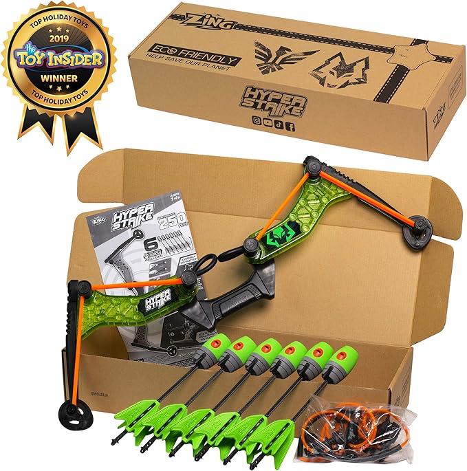 Zing HyperStrike Bow Archer Pack, 1 Clear Green Bow, 6 Green Zonic Whistle Arrows and 1 Set of Orange Bungee, Shoots Arrows Up to 250 Feet