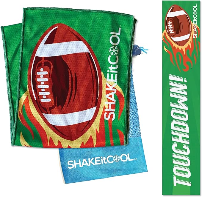 SHAKEitCOOL Original Cooling Towel – Be Cool in Style - Heat Relief, Soft, Lightweight, Sun Protection, Easy Clean - Perfect for Biking, Running, Yoga, Gym, Gardening - Football