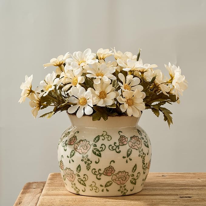 SIDUCAL Ceramic Red Rose Floral Vase with Wide Mouth Lace, 4.84 Inch Cracked Chinoiserie Rustic Farmhouse Vases, Pastoral Retro Vase for Home Decor, Table, Living Room, Bathroom, Shelf, Wedding