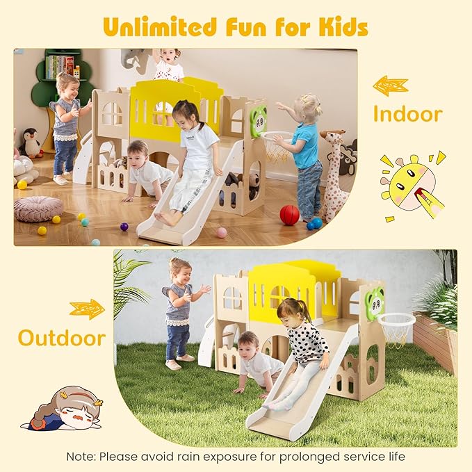 Costzon Wooden Toddler Slide, 7-in-1 Climber Playset with Slide, Basketball Hoop, Extra-Long Aisle, Peek-a-Boo Window, Crawling Tunnel & Storage Space, Indoor Outdoor Playground Slide for Kids