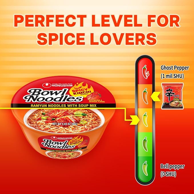 Nongshim Ramen Noodles, Gourmet Instant Ramen bowl, Premium Microwavable Noodle Soup, Kimchi, 3.03 Ounce (Pack of 12)