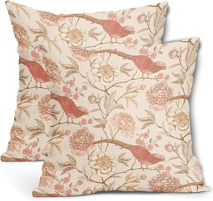Pink White Roses Floral Pillow Covers 20X20 Inch Set of 2 Retro Flowers Birds Leaves Decorative Pillow Cases Art Vintage Cotton Linen Cushion Case Retro Home Decor for Sofa Couch Porch Outdoor