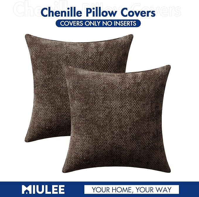 MIULEE Decorative Couch Throw Pillow Covers 22x22 Inch Dark Brown 2 Pack | Modern Boho Accent, Soft Chenille Pillow Covers, Farmhouse Cushion Cases for Home Decor Bed Sofa Living Room