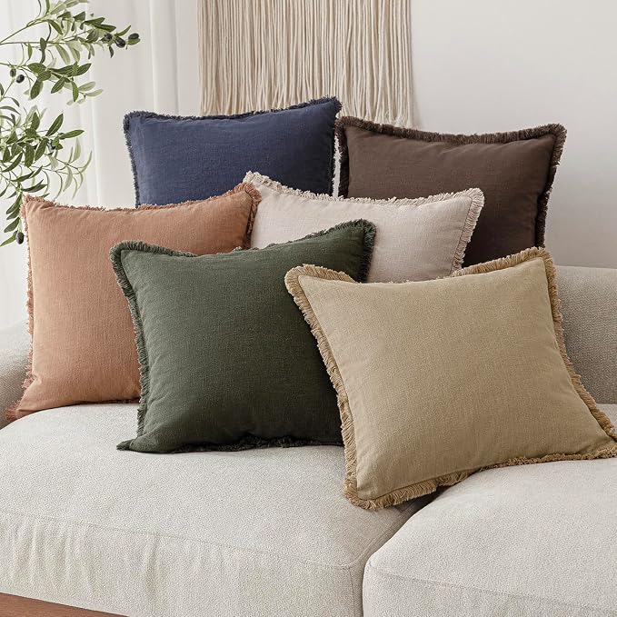 Foindtower Set of 2 Decorative Linen Fringe Throw Pillow Covers Boho Farmhouse Cushion Cover with Tassels Soft Accent Pillowcase for Couch Chair Sofa Bed Living Room Home Decor,20×20 Inch,Tan Beige