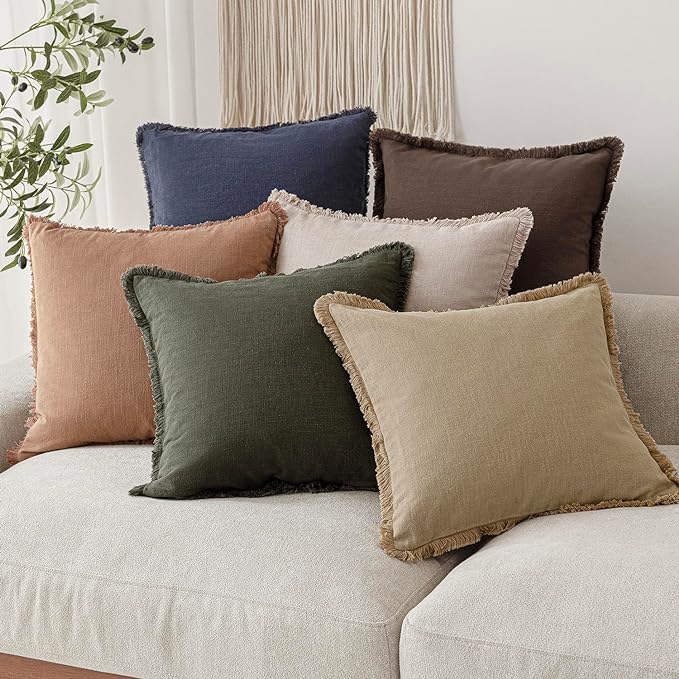 Foindtower Set of 2 Decorative Linen Fringe Throw Pillow Covers Boho Farmhouse Cushion Cover with Tassels Lumbar Accent Pillowcase for Bed Couch Living Room Home Bedroom Decor,12×24 Inch,Reddish Brown