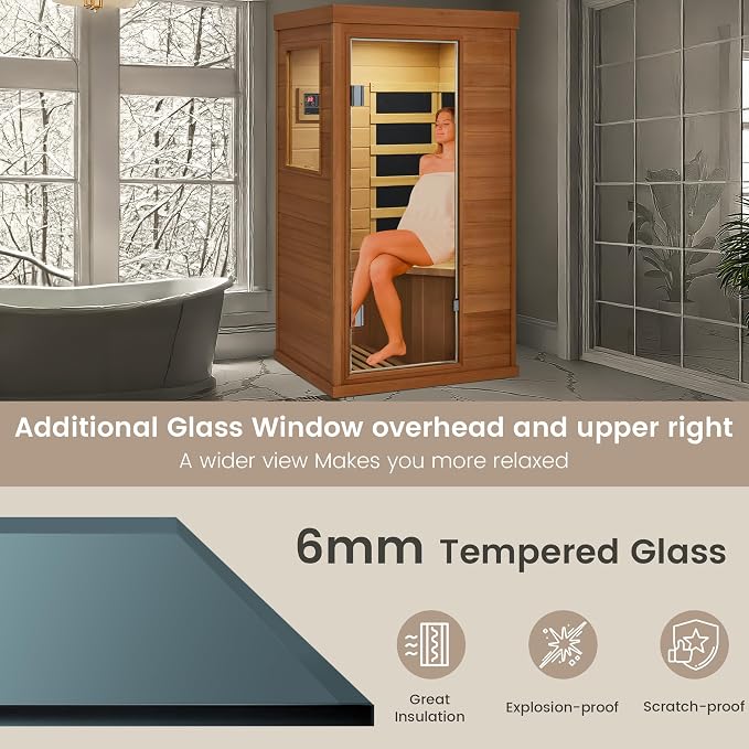 1 Person Sauna, Infrared Home Sauna for Detox & Muscle Recovery, Full Spectrum Hemlock Wooden Dry Sauna with Bluetooth & Tempered Glass Door, Compact Personal Sauna for Gym, 110V