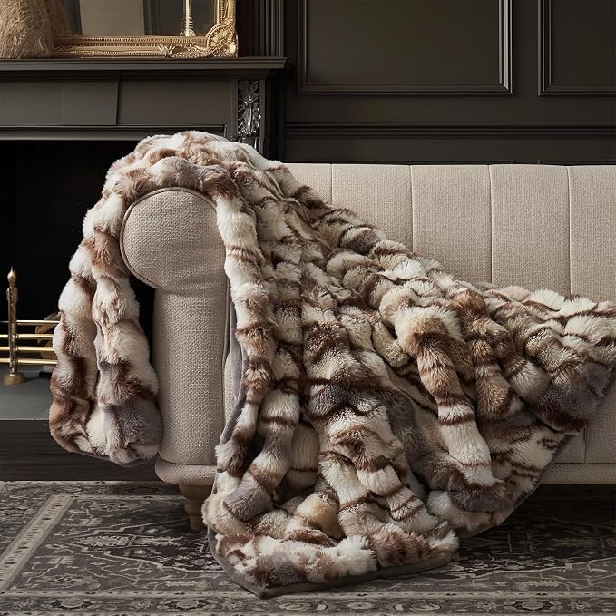 Faux Rabbit Fur Bubble Throw Blanket, 60"x80", Beige & Gray | Ultra Soft, Luxury Faux Rabbit Fur Throw, Thick Warm Bubble Blanket, Cozy Fluffy Reversible, for Bed, Couch, Chair, Sofa
