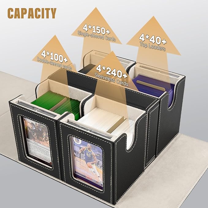 Kabinka Card Deck Box for MTG Commander, Holds 400+ Double-Sleeved Cards, 5 IN 1 Detachable Card Case with Dice Tray, Fits Magic/TCG Cards, 4 Magnetic Card Holders & Dividers (Black Gold)