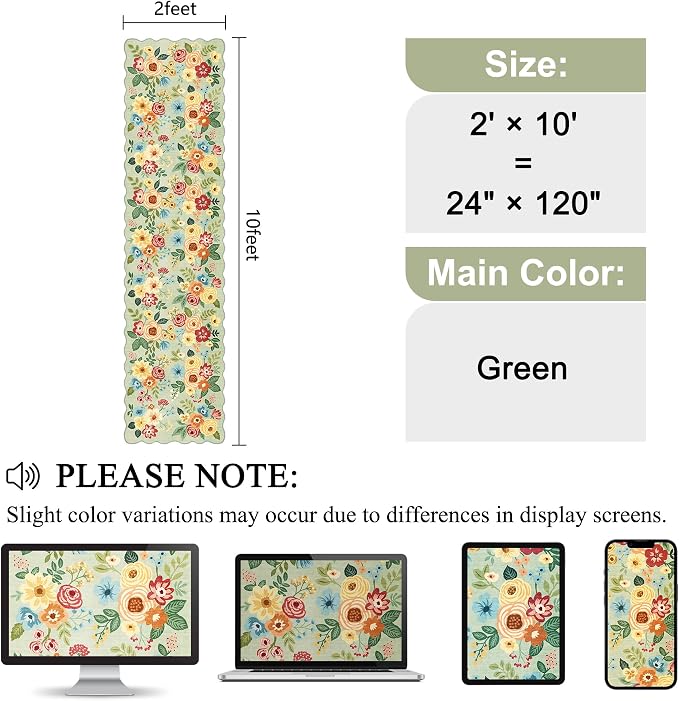 DUKINO 2x10 Runner Rug for Hallway, Washable Kitchen Rug Non Slip, Green | Soft, Low Pile, Floral Throw Rug Runner for Entryway, Bedroom, Bathroom, Laundry, Pet Friendly, Home Decor, Stain Resistant