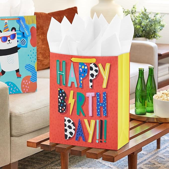 Hallmark 15" Extra Large Birthday Gift Bag Set (2 Bags: Party Animal Panda, Orange Happy Birthday) for Kids, Teens, Grandchildren