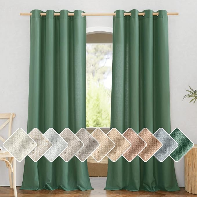 NICETOWN Olive Green Curtains 84 inch Length 2 Panels, Grommet Linen Blend Privacy Added Thick Flax Boho-Chic Light Filtering Semi Sheer Window Drapes for Home Office/Living Room, W55 x L84