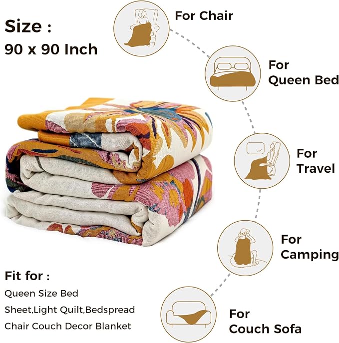 LUTBM Queen Throw Blanket for Bed, 100% Cotton Boho Breathable Summer Quilt | Reversible 90"x90" Floral Butterfly Blankets, Soft All-Season Lightweight Bedspread, For Chair Sofa Couch Bedroom, Home Decor