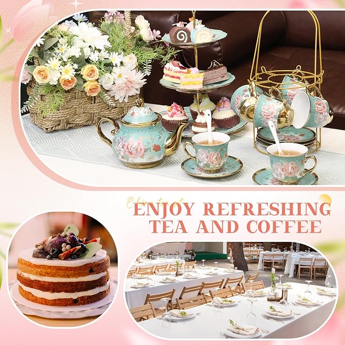 21 Pcs Ceramic Teapot Set Vintage Porcelain Tea Cups with Metal Holder and High Tier Cupcake Stand Saucers for Women Girls Farmhouse European Weddings Party Decor Gifts(Green,Summer)