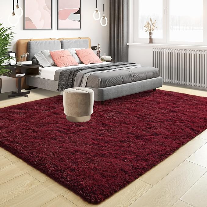 Tepook Fluffy Burgundy Rugs for Living Room, 8x10 Dark Red Area Rug for Bedroom, Soft Shaggy Plush Floor Carpet for Kids Girls Boys Room, Indoor Non Slip and Washable Carpets for Nursery Home Decor