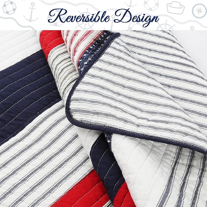 Cozy Line Home Fashions 100% Cotton Sailor Navy Blue Star Striped Reversible Bedding Quilt Set (Patriotic Stripe, Twin)