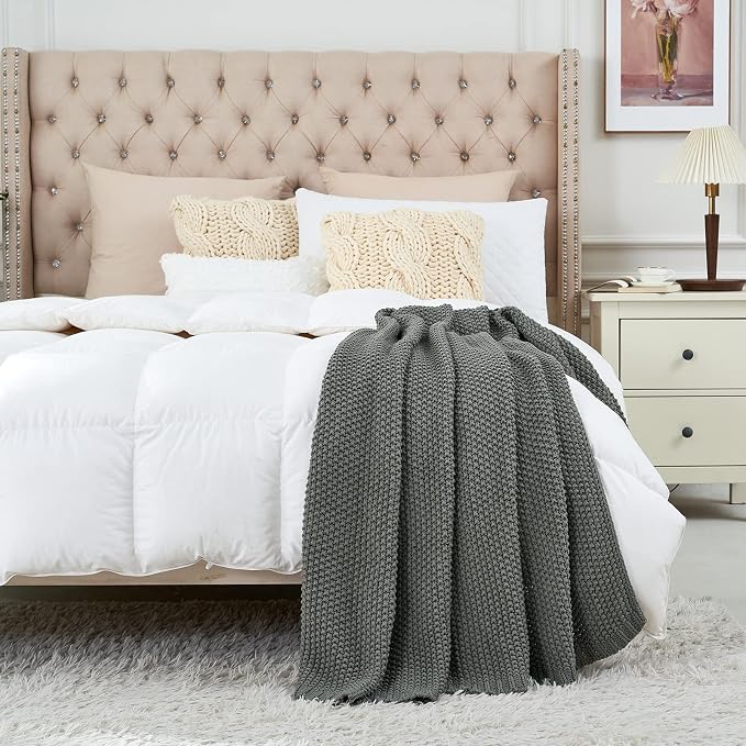 Chunky Cable Knit Throw Blanket Lightweight Grey 100% Organic Cotton Blanket for Sofa Couch Bed Baby Nursery, Rustic Shabby Chic Modern Farmhouse, Gray 60” x 80” Give Laundering Bag
