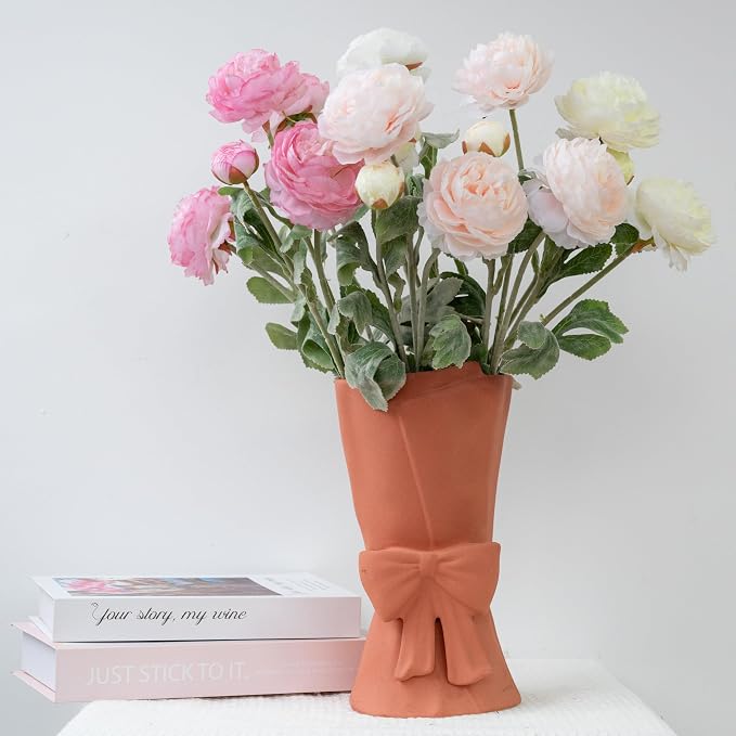 Relexome Pink Ceramic Bow Vase 9.64 in Unique Cute Modern Decorative Bouquet Flower Vases for Home Living Room Table Decor Women Girl Gifts