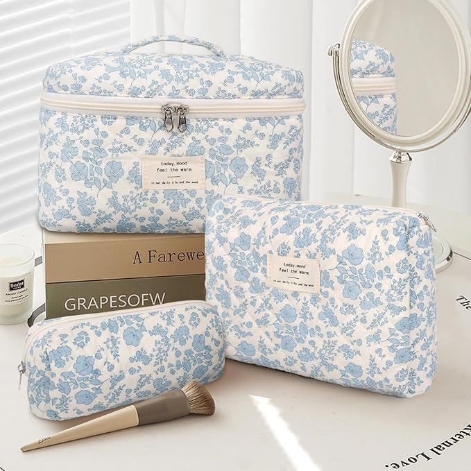 GISMTR 3Pcs Cotton Quilted Makeup Bag Large Travel Cosmetic Bag Coquette Makeup Pouch Cute Aesthetic Floral Toiletry Bag for Women Girls