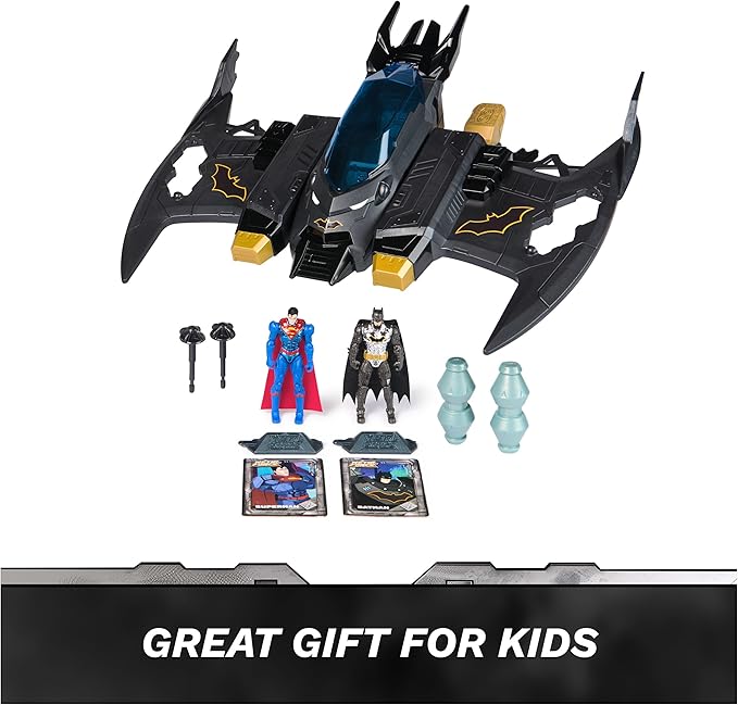 DC Comics, Metal Force Transforming Batwing, 2-in-1 Playset, Includes Batman and Superman Figures, with Projectiles and Character Cards, Kids Toy for Boys Ages 4 and Up