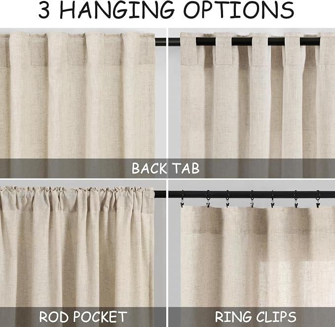 Beige Linen Curtains 80 inches Long for Loving Room Back Tab Light Filtering Privacy Sheer Curtains Rustic Farmhouse Bedroom Decor Cotton Textured Gauze Curtain 2 Panel Set 38x80