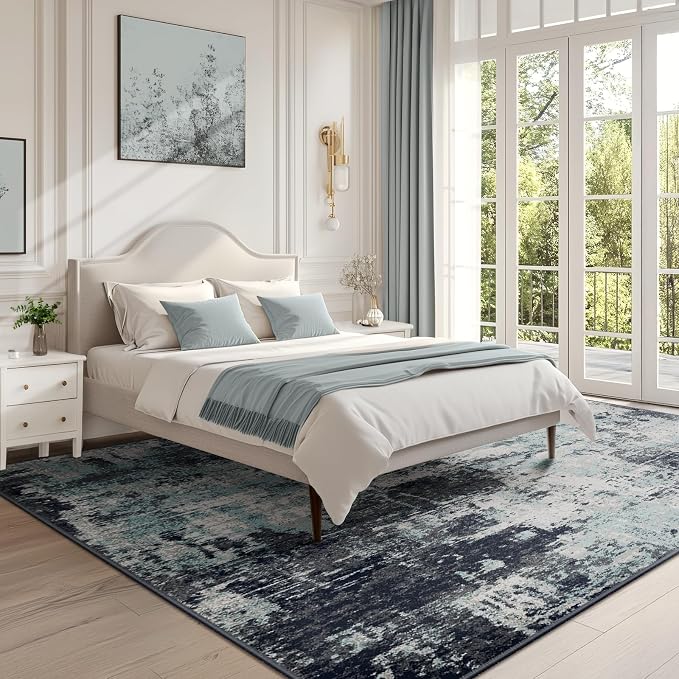 RELEANY Washable 6'x8' Abstract Area Rug for Living Room Teal Black | carpet for bedroom, kitchen, office, hallway and entryway, printed pattern, non-slip, soft, stain-resistant, easy to clean