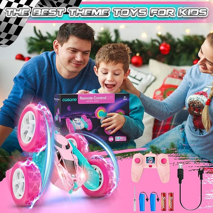 cosone Remote Control Car Pink RC Cars for Girls, RC Stunt Cars with 4WD Double-Sided Driving 360° Flips Rotating, Outdoor Toys for Kids Age 6 7 8 Valentines Day Gifts Birthday Gifts