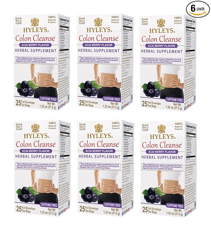 HYLEYS Colon Cleanse Tea, Acai Berry Flavor - 150 Individually Wrapped Herbal Tea Bags (6 Pack of 25) - Caffeine Free, Vegan