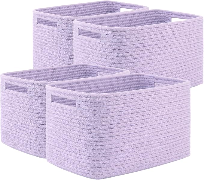 OIAHOMY 4 Pack Storage Baskets for Organizing, Cube Storage Bins for Shelves, Rectangle Storage Baskets With Handles, Woven Baskets for Storage, 12.7''Lx9''Wx7.8''H, Purple