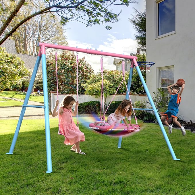 3-in-1 Heavy Duty Metal Swing Set for Backyard, 440 lbs Capacity Outdoor Playset with 32" Saucer Swing & 19" Belt Swing - Kids & Adults Play Equipment Ages 3-8