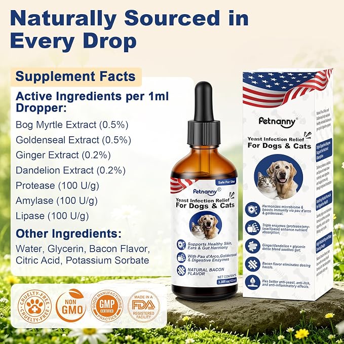 Petnanny Yeast Infection Support for Dogs, Natural Herbal Supplement Yeast Infection Drops with PAU d’Arco & Goldenseal, Supports Healthy Yeast Balance, Digestion & Immune Health, Bacon Flavor