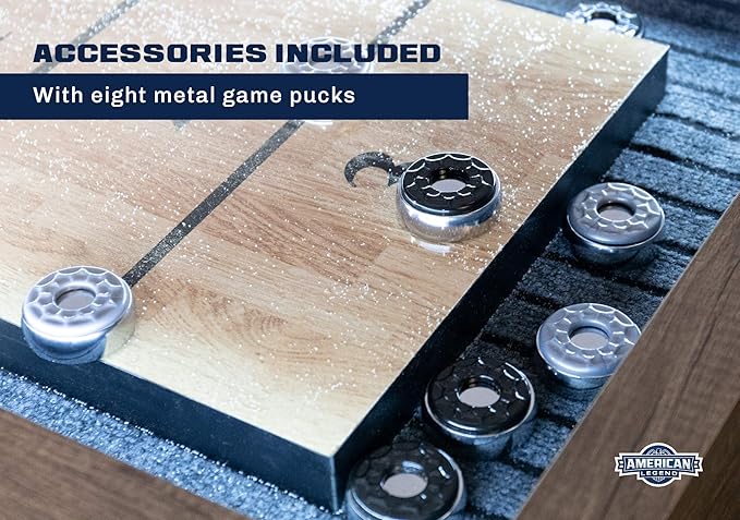 American Legend Kirkwood 9’ Shuffleboard Table with LED Rails, Bowling Game Set, Rustic Wood Finish & Accessories Included