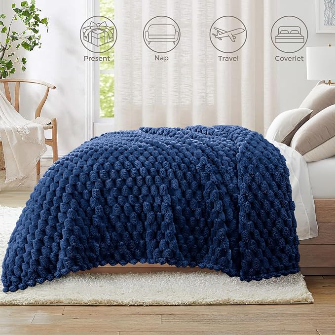 Whale Flotilla Soft Fleece King Size Bed Blanket 3D Jacquard, Navy Blue | Lightweight Breathable Coverlet Bedspread for All Seasons, Super Cozy Plush Fluffy Fuzzy Decorative Blanket for Bed, 90"x104"