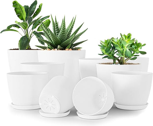 Plant Pots Indoor with Drainage, 10 Pack Multi-Size Planters Set, White | Drainage holes included Multiple sizes 7/6.6/6/5.3/4.8 In Indoor plants and flowers Durable plastic construction