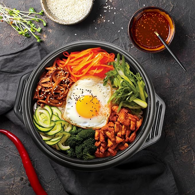 37 Oz Korean Stone Bowl with Tray | Ceramic Pot Set Dolsot Bibimbap Sizzling Hot Pot, Korean Cooking Soup Cookware for Restaurants, Rice, Soup, Noodle