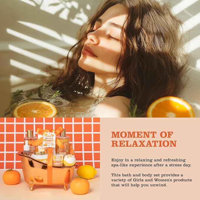 Orange spa gift set Great Gift, Spa Gifts for girls, Bath & Body care Set | Lemon Gift Baskets for Woman, 11pcs Bath Gift Set for Women, Birthday Gift Christmas Gifts for Women Citrus Spa Gift Basket
