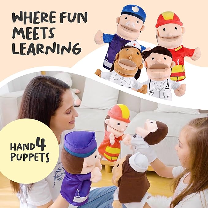 Hero Hand Puppets for Kids - Designed by Occupational Therapist, Doctor, Nurse, Firefighter + Police Officer, Interactive Educational Toy, Kids Heroes of Play, 12.5in x 11in