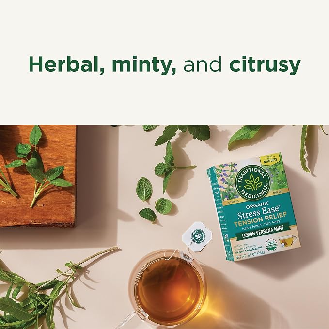 Traditional Medicinals Organic, Stress Ease Tension Relief, Lemon Verbena Mint Tea - Supports Stress Relief - Kosher, Non-GMO, Caffeine-Free, Compostable - 16 Count (Pack of 2)