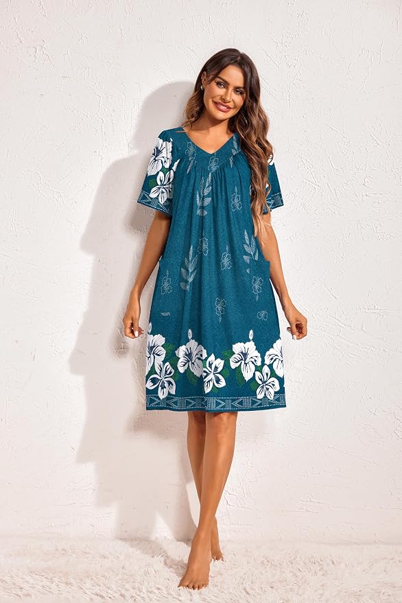 Ekouaer Womens House Dress Floral Print Nightgown with Pockets Mumu Dress