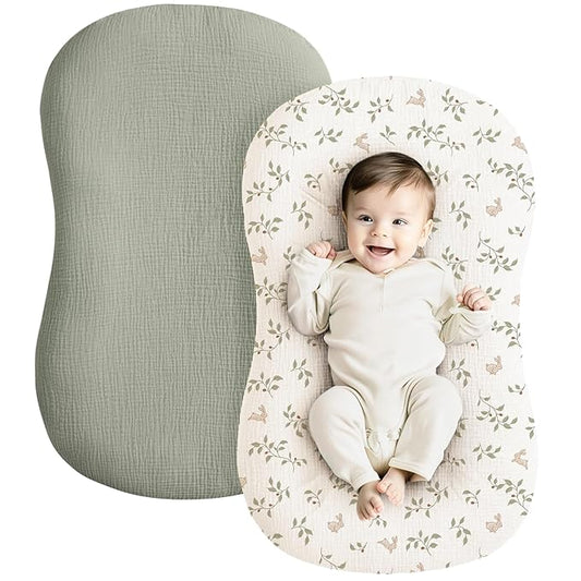 Konssy Muslin Baby Lounger Cover 2 Pack, 100% Cotton Newborn Lounger Cover, Soft and Breathable Baby Nest Slipcover for Boys Girls (Rabbit,Fog Green)