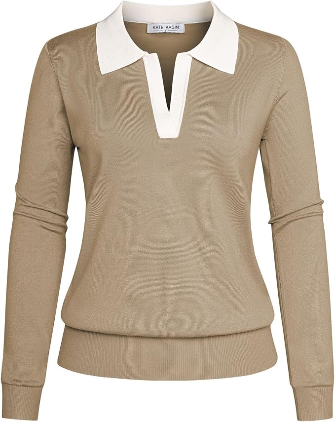 Women's Long Sleeve Classic V Neck Casual Fall Winter Polo Sweater Tops | Basic Collared Knitted Fashion Work Business Formal Daily Wear Versatile Pullover Shirts