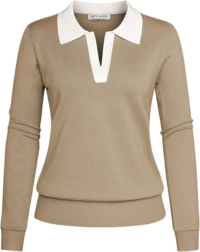 Women's Long Sleeve Classic V Neck Casual Fall Winter Polo Sweater Tops | Basic Collared Knitted Fashion Work Business Formal Daily Wear Versatile Pullover Shirts